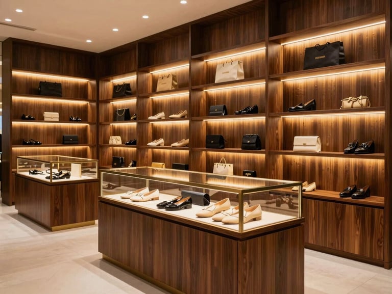 Completed luxury retail shop interior fit-out in Pune, floor-to-ceiling display shelving in dark walnut with integrated LED channel lighting casting warm gold on merchandise surfaces, eye-level perspective showing spatial depth, no people, no props