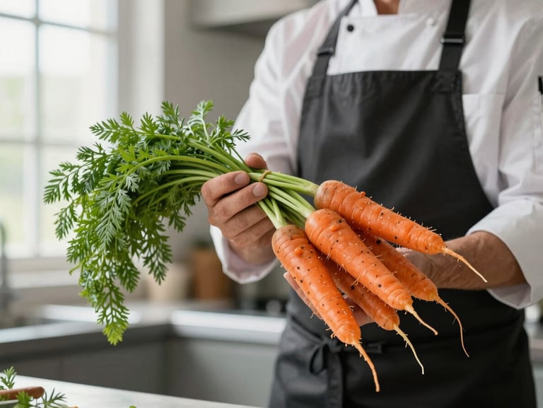 Close-up of a chef in a clean apron inspecting a freshly harvested bunch of organic carrots with green tops, bright kitchen window light, soft shadows