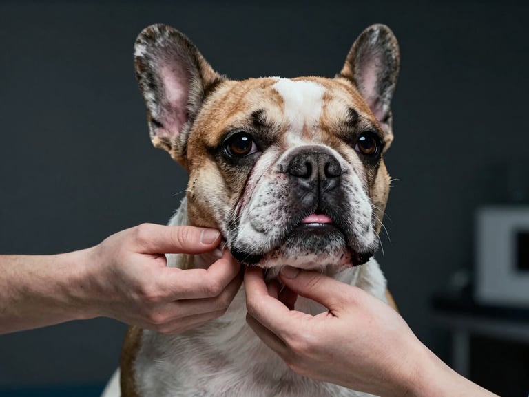 Close-up of a specialized veterinarian examining a French Bulldog's airway with clinical precision, dark high-contrast medical background.