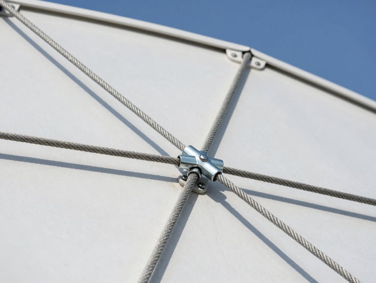 Close-up architectural photograph of a steel-core nylon rope climbing pyramid joint, secured by a solid aluminum cross-connector, bright daylight, sharp focus.