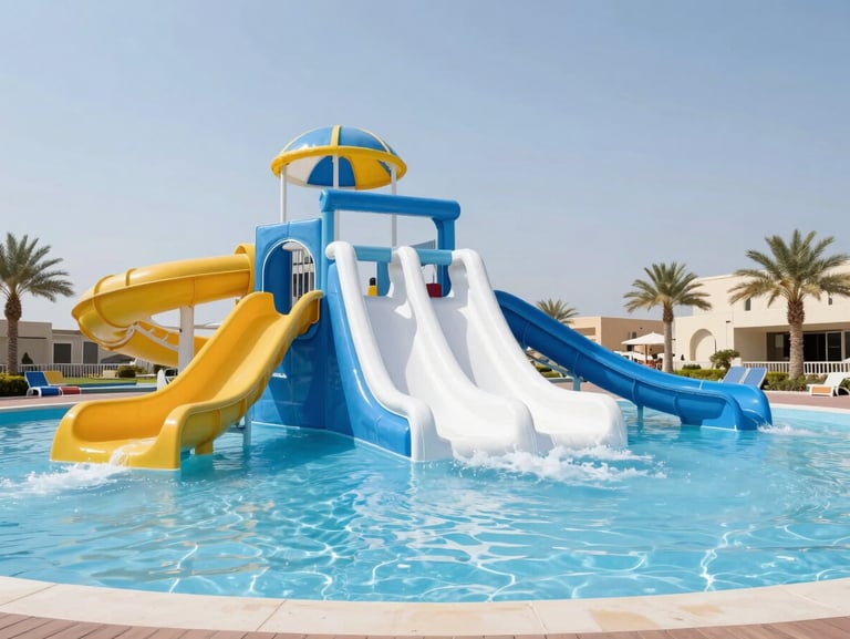 Coastal resort water play area in UAE with custom commercial water slides and splash structures, bright sunny day, architectural wide lens