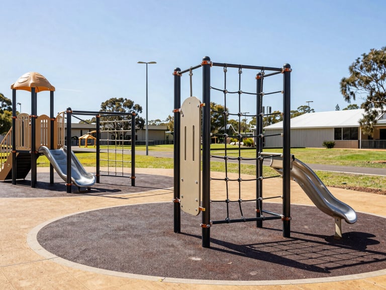 Outdoor community play area in Australia with robust outdoor fitness equipment and rope climbing structures, sunny day, sharp focus