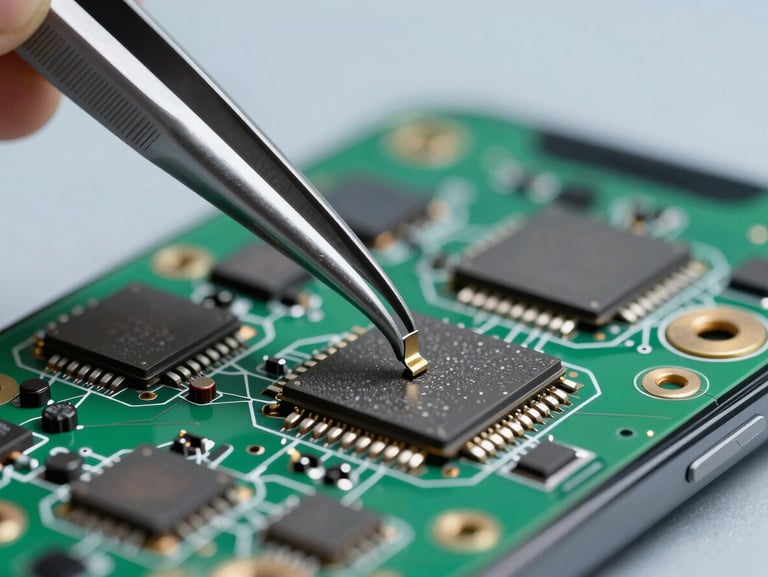 Extreme macro close-up of a high-precision metal tweezers positioning a tiny chip onto a clean smartphone motherboard under cool sterile laboratory lighting