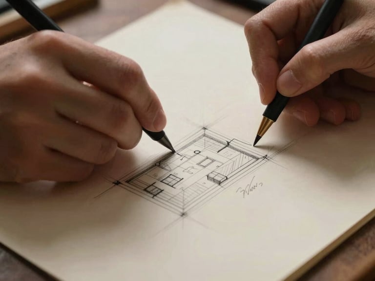 A close-up of hands sketching layout ideas on textured cream parchment paper, warm lighting, deep shadows, organic details