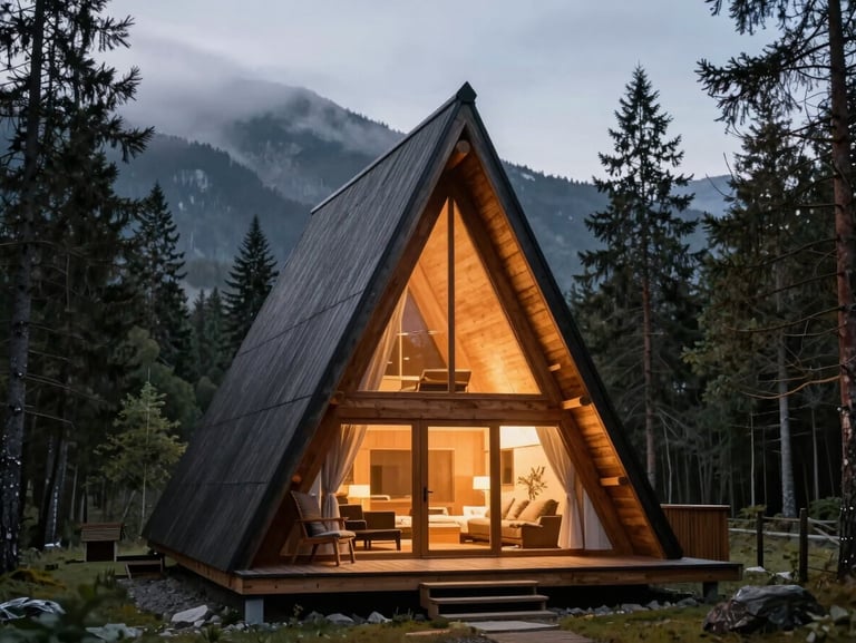 A-frame wooden chalet nested in a pine forest, warm interior glow, misty mountain background at twilight