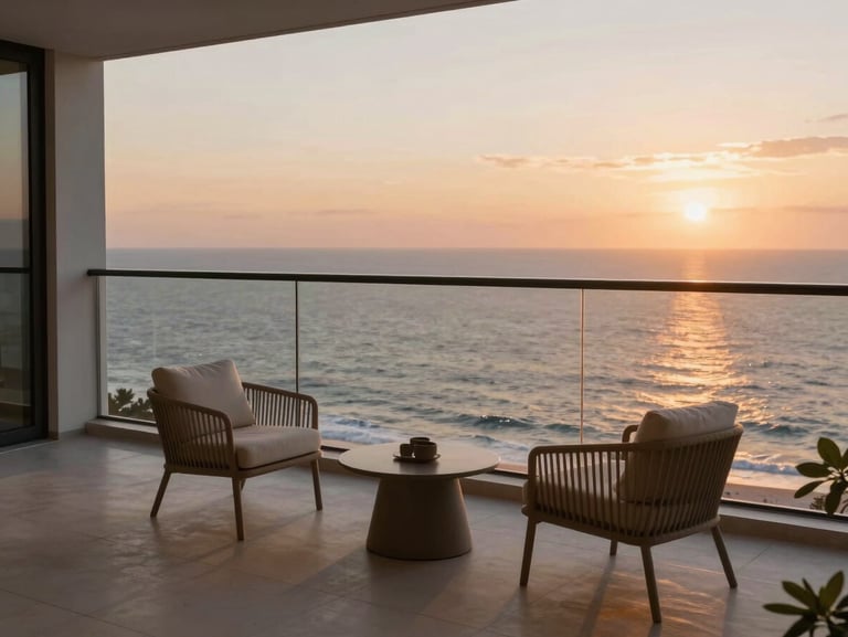 Luxury coastal apartment balcony overlooking the ocean at sunset, minimalist outdoor furniture