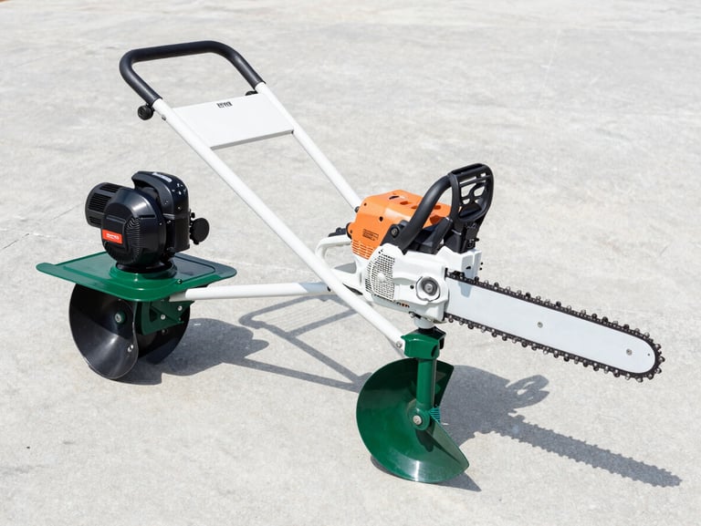 Heavy duty agricultural chainsaw and motor tiller arranged on a clean concrete floor, sharp commercial photography, bright daylight.