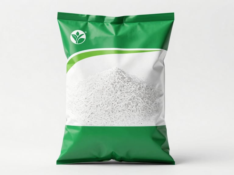 Clean commercial packaging of agricultural fertilizer on a neutral white background, sharp studio lighting, green accent.