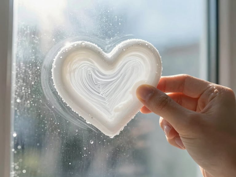 Close-up of a hand-drawn soap heart on a clean glass window, morning sunbeams streaming through, sparkling water droplets, warm and human touch, 35mm lens
