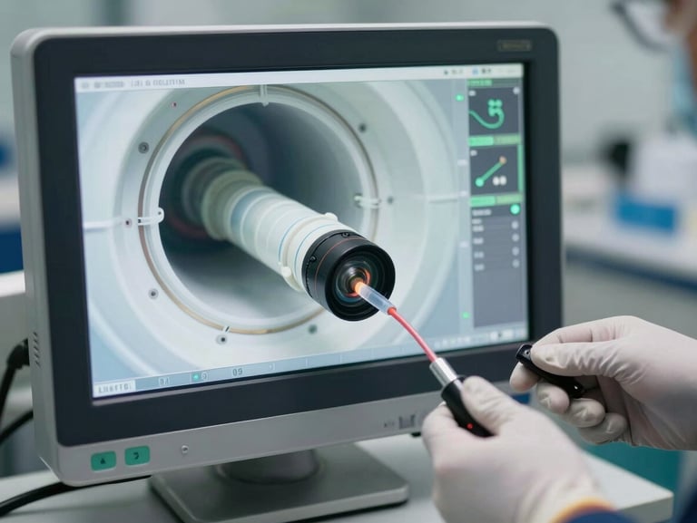 High-tech diagnostic monitor displaying the interior of a clean PVC pipe, fiber-optic camera cable being fed into a drain by gloved hands, industrial setting.