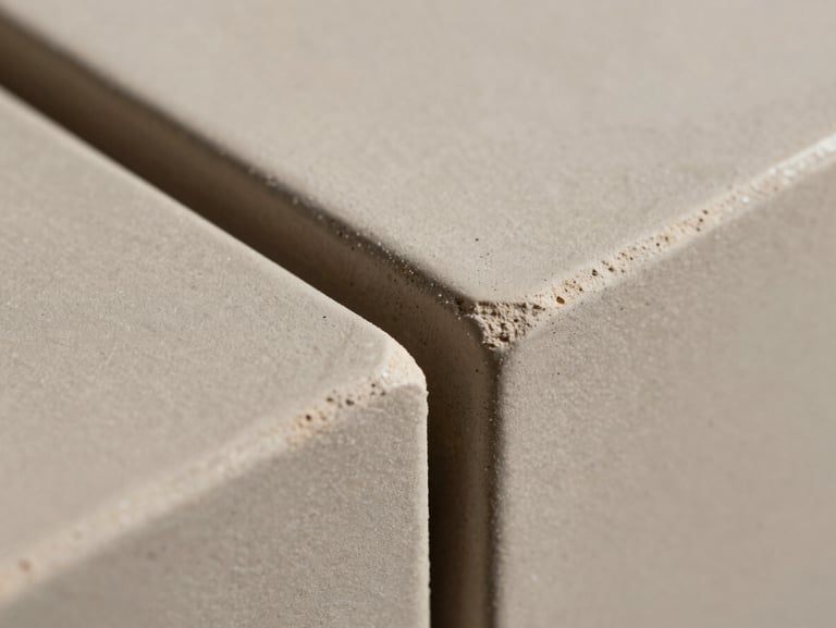 Extreme macro shot of textured architectural ceramic tiles, showing precise matte joints and raw clay texture, directional side lighting.