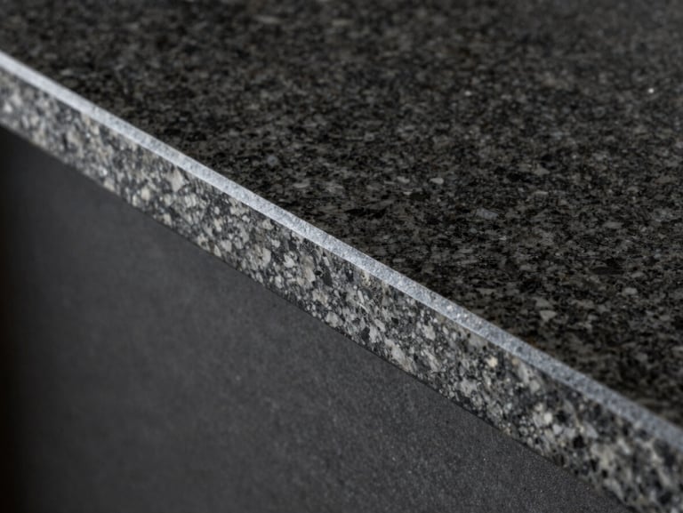 Architectural detail of a finished stone edge profile on a dark granite countertop, clean lines, blueprint style lighting.