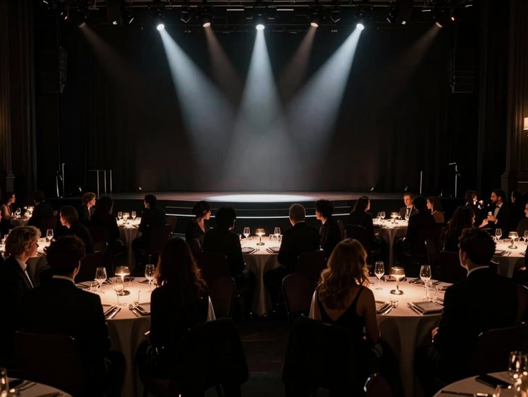 Wide horizontal shot of a high-end brand gala, dramatic stage lighting cutting through a dark venue, silhouettes of attendees, premium editorial feel