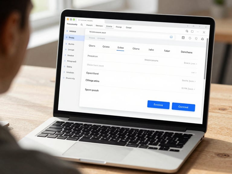 Clean high-fidelity software dashboard mockup on a laptop screen, showing simple financial charts and quick-action buttons for invoice creation, bright natural daylight, soft shadows, over-the-shoulder view.