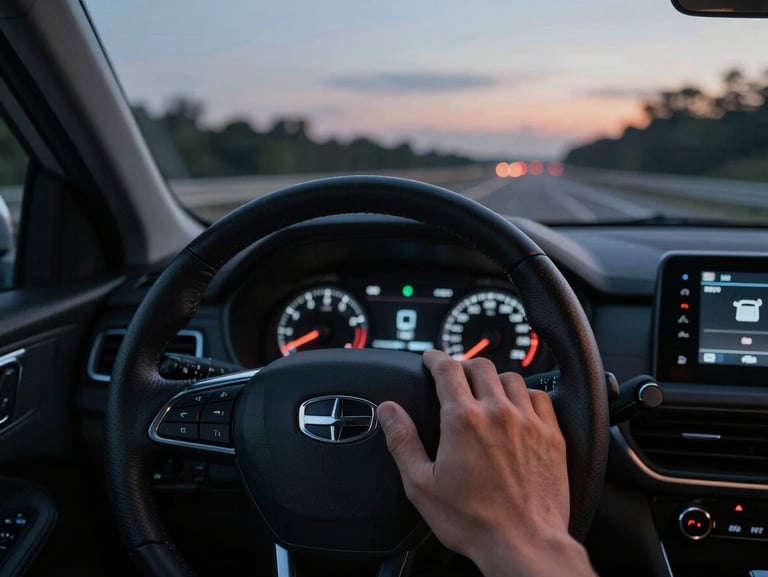 POV driver's seat view of a hand pressing a steering wheel button, low-light cabin interior illuminated by dashboard glow, twilight highway visible through the windshield
