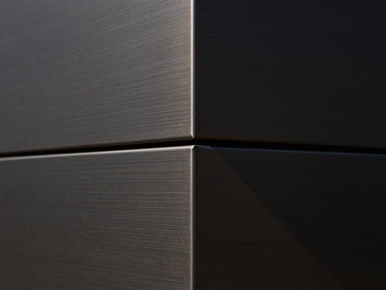 Tight abstract macro shot of brushed dark metal panels meeting at a precise geometric seam, architectural shadow casting a sharp diagonal line, minimalist composition.