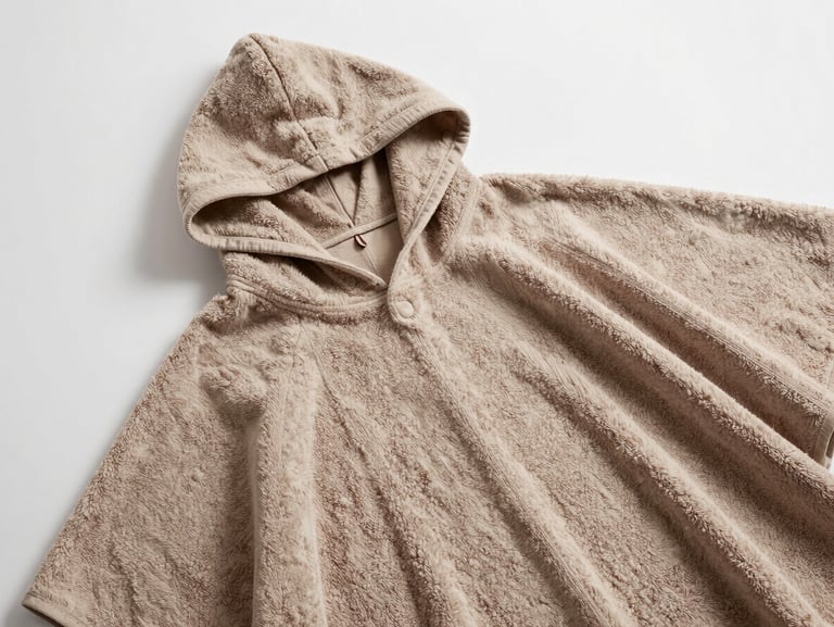 Flat-lay overhead of a hooded bath poncho in terry cloth on white surface, hood folded back to show inner lining, close-up of fabric texture, soft diffuse studio light