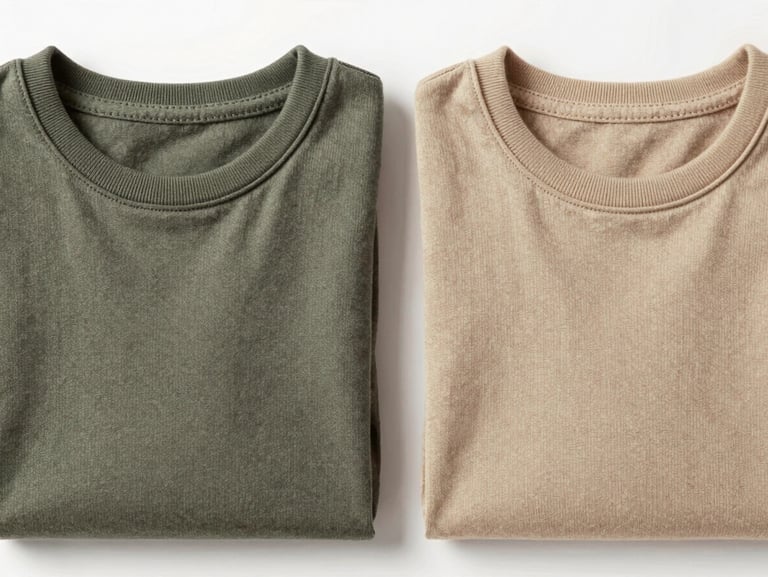 Flat-lay overhead of two small folded toddler shirts in matching fabric side by side on white surface, identical cut different colorway, close-up showing stitch detail, neutral studio light