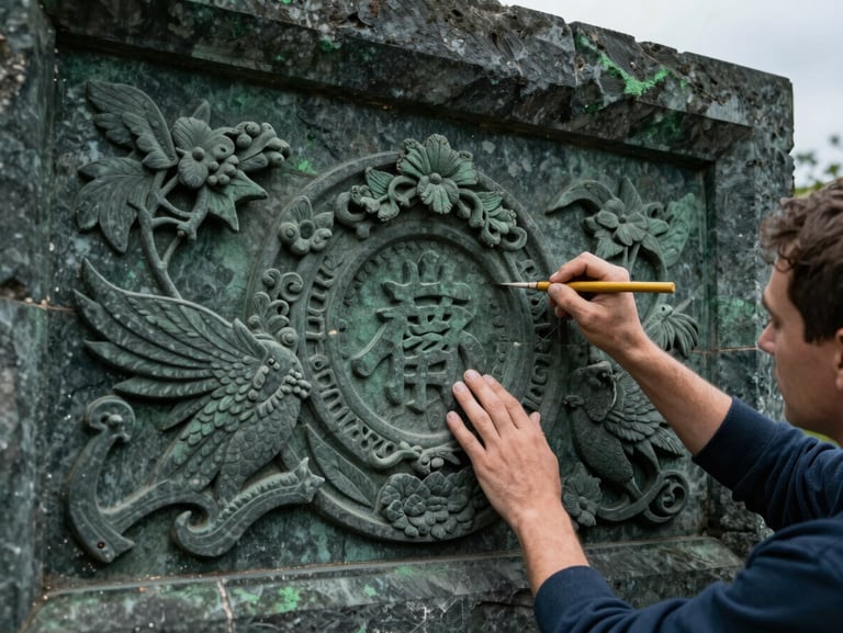 Close-up of a craftsman detailing a custom stone relief on a wall, natural overcast daylight, deep slate tones, sharp textures
