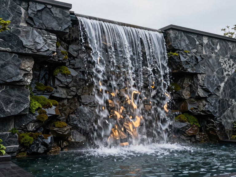 A wide shot of a luxury terrace waterfall, water cascading over dark natural-looking stone, soft golden hour reflections, architectural photography