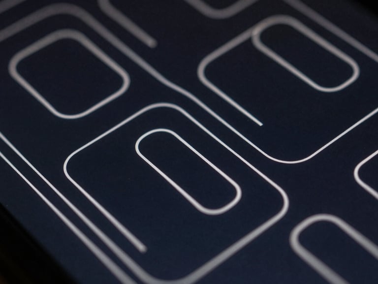 Extreme macro close-up of high-fidelity UI/UX wireframes on a dark screen, sharp silver lines, deep navy background, technical precision.