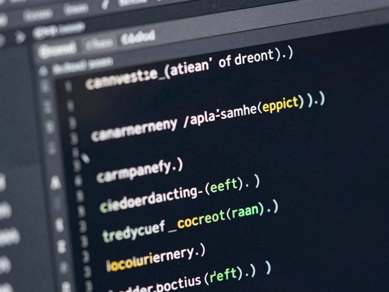 Extreme macro close-up of clean code blocks in a dark-mode editor, cool silver highlights reflecting off a glass screen, deep navy shadows, sharp focus.