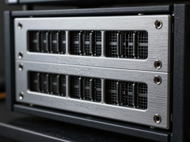 Macro detail of brushed aluminum hardware chassis, physical server racks in cool tones, low-key high-contrast studio lighting.