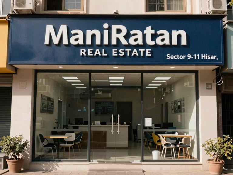 Honest daytime photograph of the ManiRatan Real Estate office exterior, Shop 4E in Sector 9-11 Hisar, with clear signage and a welcoming professional storefront