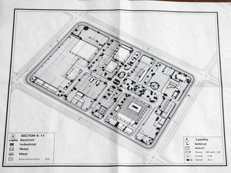 Legible, clean blueprint and site map of Sector 9-11 industrial plots in Hisar, showing structured layouts and road connectivity