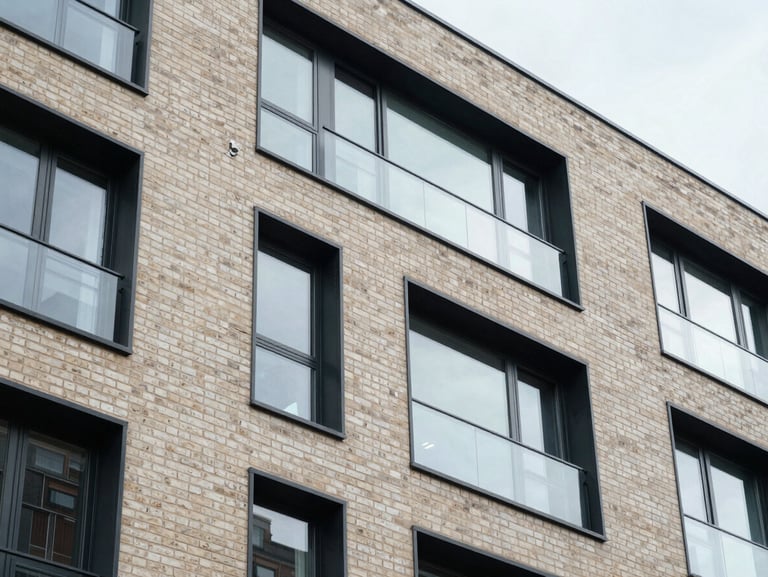 Close-up architectural detail of a modern apartment building facade in the UK, clean brickwork and large windows reflecting overcast sky, soft natural light.