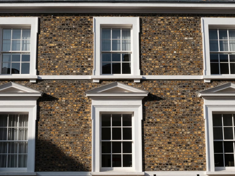Straight-on architectural detail of a classic British brick terrace facade with clean masonry under bright, natural daylight.