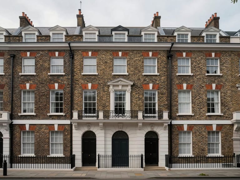 Symmetrical front elevation of classic London brick terraced houses under soft, diffuse grey daylight, clean architectural lines, no people.