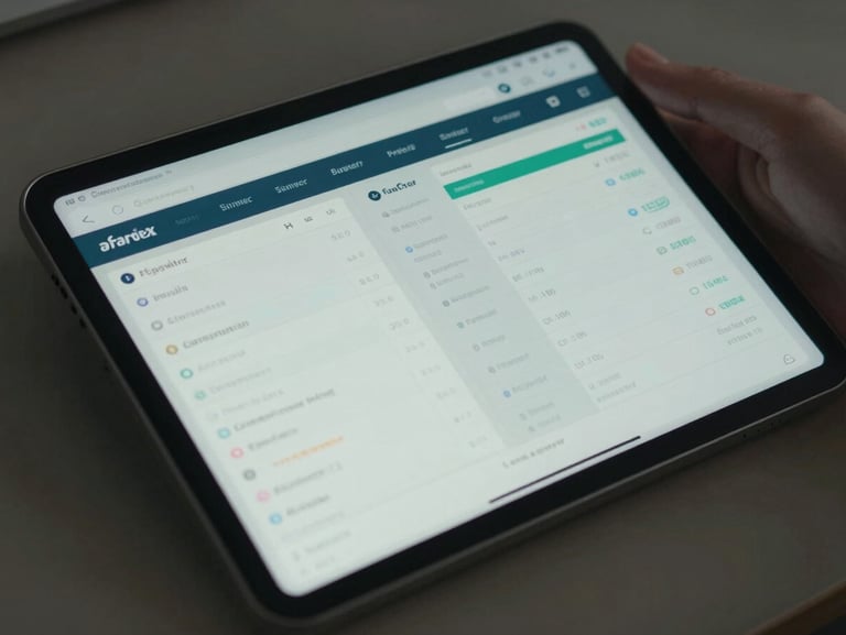 Close-up of a modern tablet displaying clean financial dashboard and e-commerce logistics data, natural daylight, cool tones