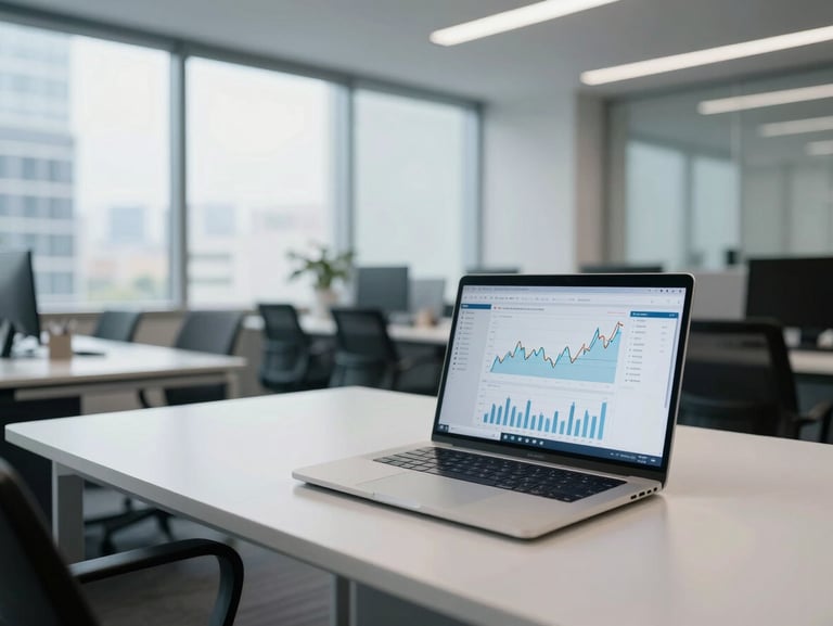 Wide-angle shot of a bright, modern daylight-filled corporate office, clean desks, a laptop displaying a financial dashboard with precise line charts, soft cool tones, professional atmosphere.