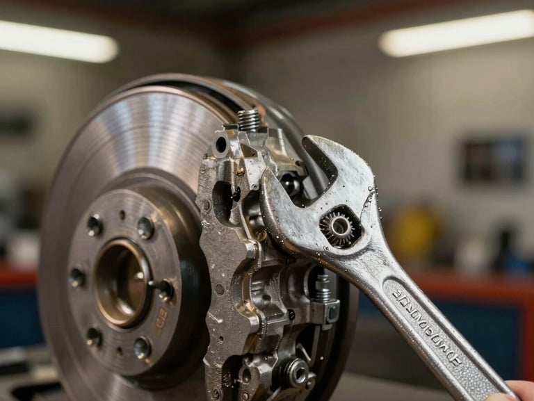 Close-up of a heavy-duty wrench tightening a bolt on a clean brake caliper assembly, warm garage bay work lights, realistic grit.
