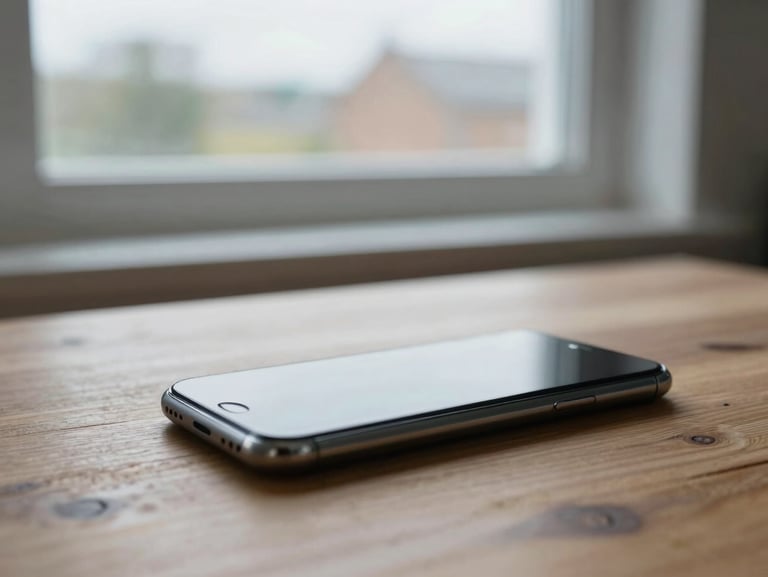 A smartphone resting on a wooden table in a UK home, soft overcast daylight from a nearby window, shallow depth of field, natural tones.