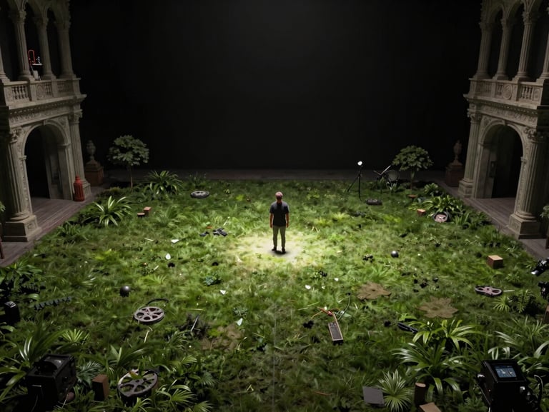 Wide environmental shot of a fully produced scene set inside a darkened studio, elaborate backdrop construction visible at the edges, a single figure posed at center under a tight spotlight, scale of production evident in the frame