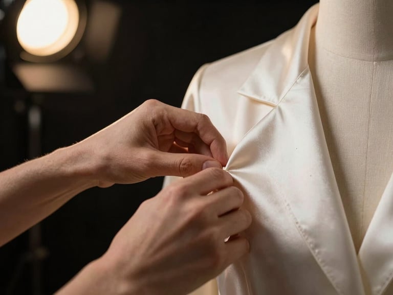 Extreme close-up of a director's hand adjusting a silk garment drape on a studio mannequin under a single warm spotlight, deep shadows framing the gesture, editorial production atmosphere, no faces visible