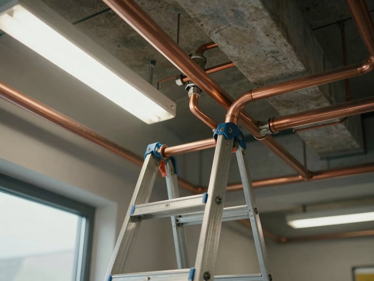 Environmental shot of a plumber routing new copper supply lines through an open commercial utility room ceiling, ladder in frame, daylight from a high window mixing with fluorescent work lighting, pipes and fittings clearly visible