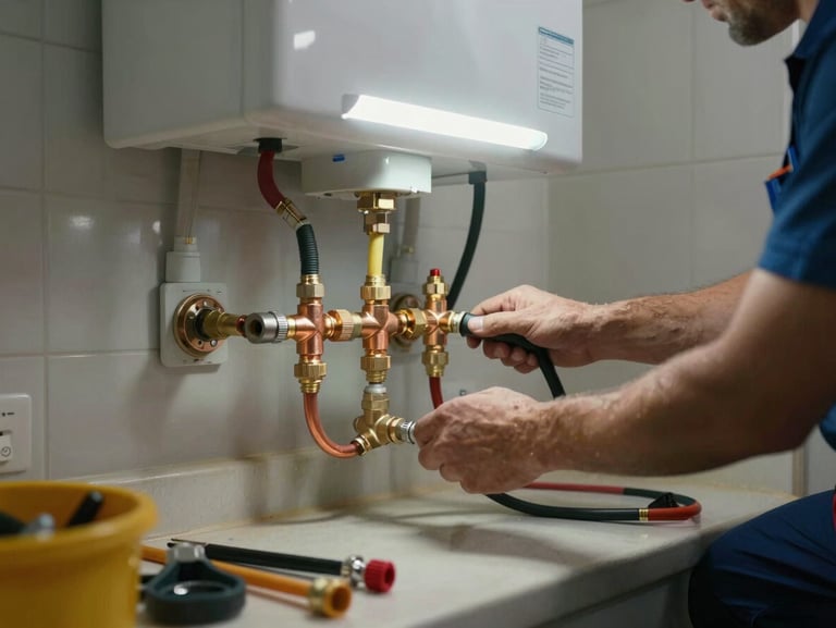 Wide shot of a plumber connecting the supply lines on a newly installed tank water heater in a basement utility room, copper fittings gleaming under overhead fluorescent light, tools arranged on the floor beside the unit