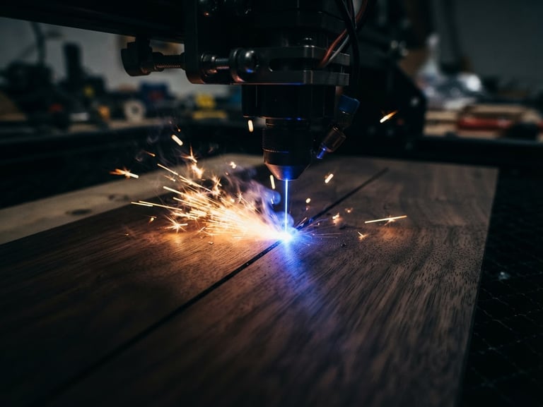 Extreme close-up of a laser engraving head emitting a sharp blue light onto a dark walnut plank, glowing copper sparks, moody workshop setting, macro depth of field.