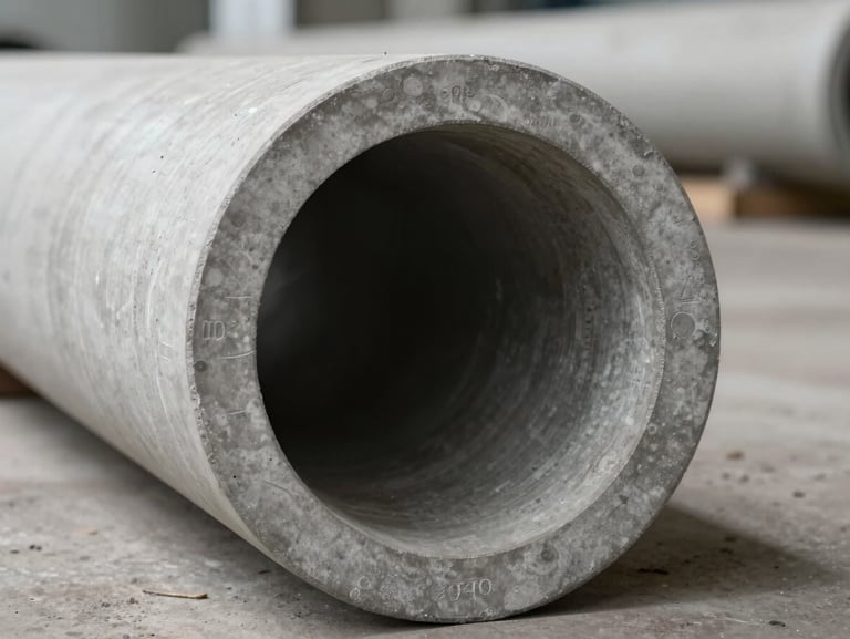 Extreme close-up cross-section of a circular concrete pole profile resting horizontally on a warehouse floor under natural daylight, showing the hollow cylindrical geometry and stamped dimensional markings on the gray concrete surface, no people