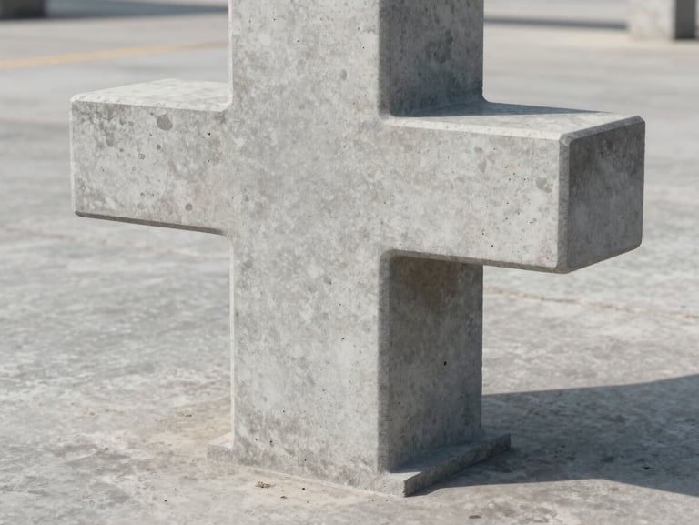 Extreme close-up cross-section of a Double T concrete pole profile shot on a flat industrial surface under neutral daylight, showing the distinctive T-shaped flange geometry and textured gray concrete surface, no people