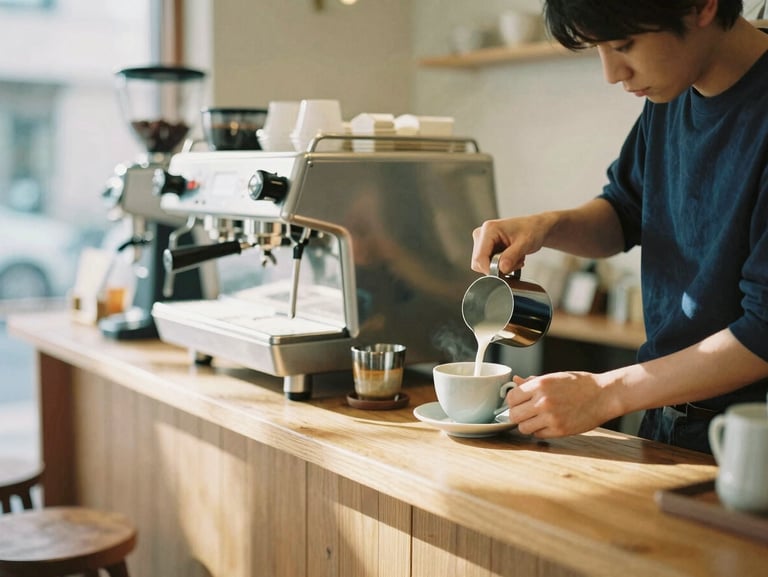 A cozy Tokyo cafe interior with wooden counters, a sleek silver espresso machine, and a barista pouring milk into a ceramic cup, warm morning sun, 35mm film style