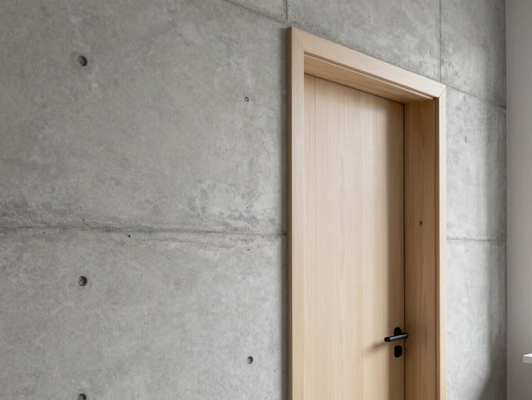 Architectural detail shot of the Vilnius studio interior, raw concrete wall meeting a clean light wood door frame, soft natural light creating gentle shadows, minimalist and serene.
