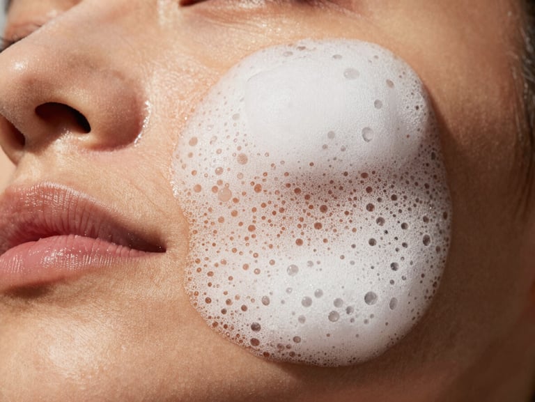 Macro shot of dense, rich carbonated skincare foam being gently applied to clean skin, soft warm daylight, focus on texture.