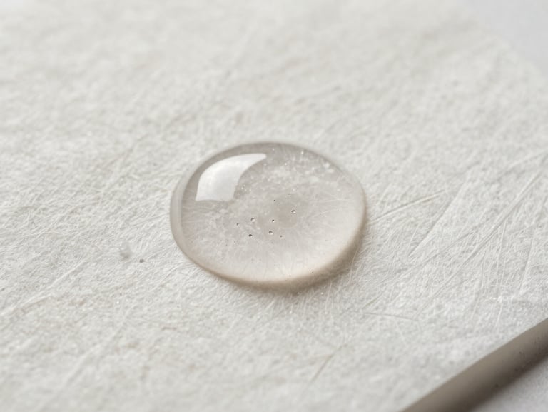 Macro close-up of a luxurious, clear viscous serum drop on a clean, light-textured washi paper background, soft shadow.