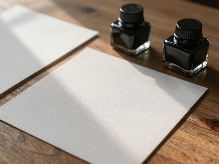 Tactile paper samples and vintage ink wells arranged on a wooden table, diffused morning light.