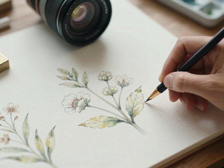 Close-up of a hand sketching delicate botanical illustrations on textured watercolor paper, soft-focus.