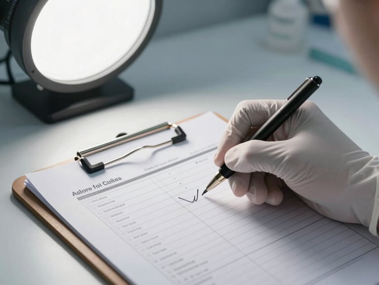 Close-up of a gloved hand marking a printed regulatory checklist on a clipboard under bright studio overhead light, precise handwriting visible, white laboratory background, no clutter